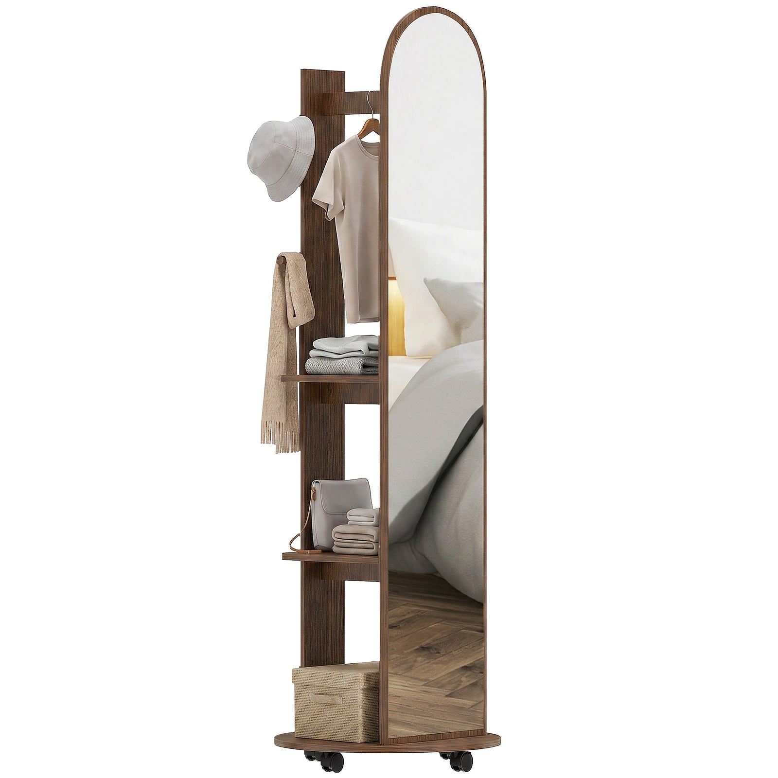 2-in-1 Full Length Mirror With Shelves, 4 Wheels, Brown Wood Effect | Brown