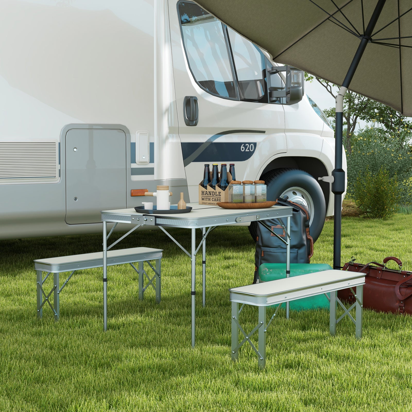 Camping Picnic Table And 2 Benches Folding Garden Table Set