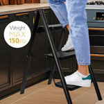 Step Ladder Compact Black, Heavy-duty Steel Folding Step Stool 150kg Capacity | 3 Step | Black