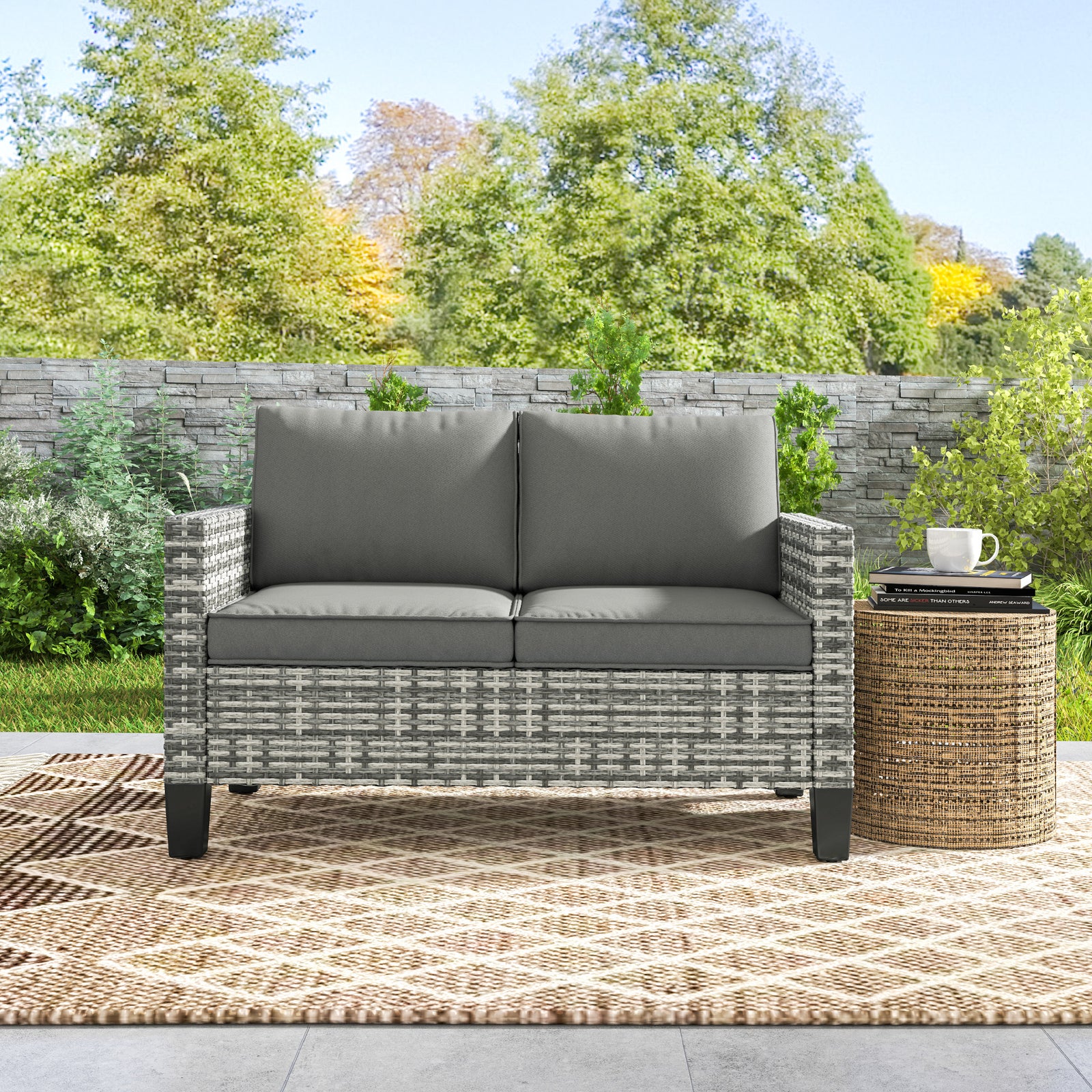 Rattan Sofa W/ Cushions, 2 Seater Garden Furniture | Light Grey