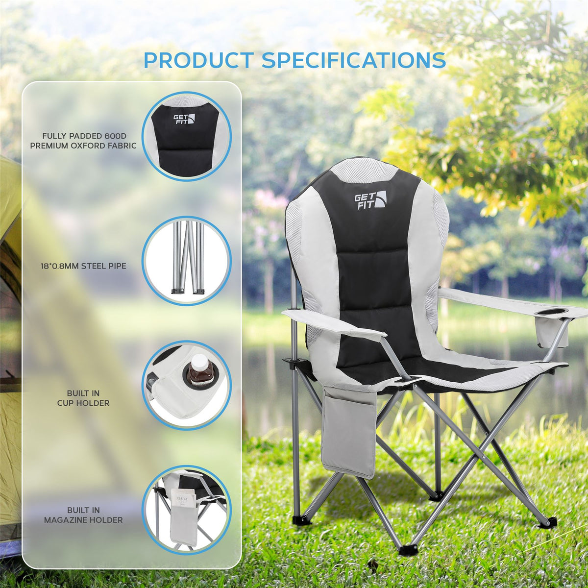Premium Camping Chair - Thick Padded Folding Chair For Adults With Magazine Pocket, Cup Holder & Carry Bag - Lightweight 3kg - Heavy Duty Foldable Picnic Chair | Set of 2