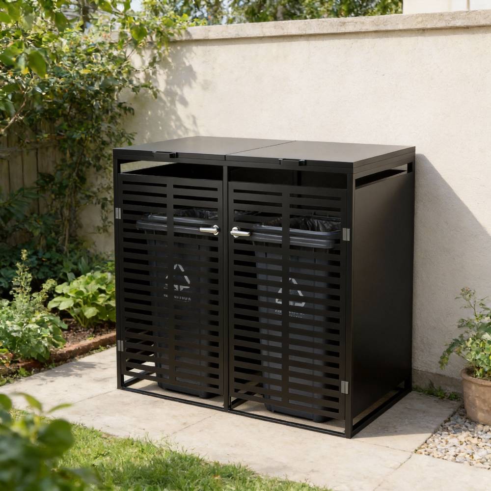 Double Wheelie Bin Storage Shed –ventilated Trash Bin Galvanized Steel Rubbish Bin Store For With Lockable Door & Lift-up Lids