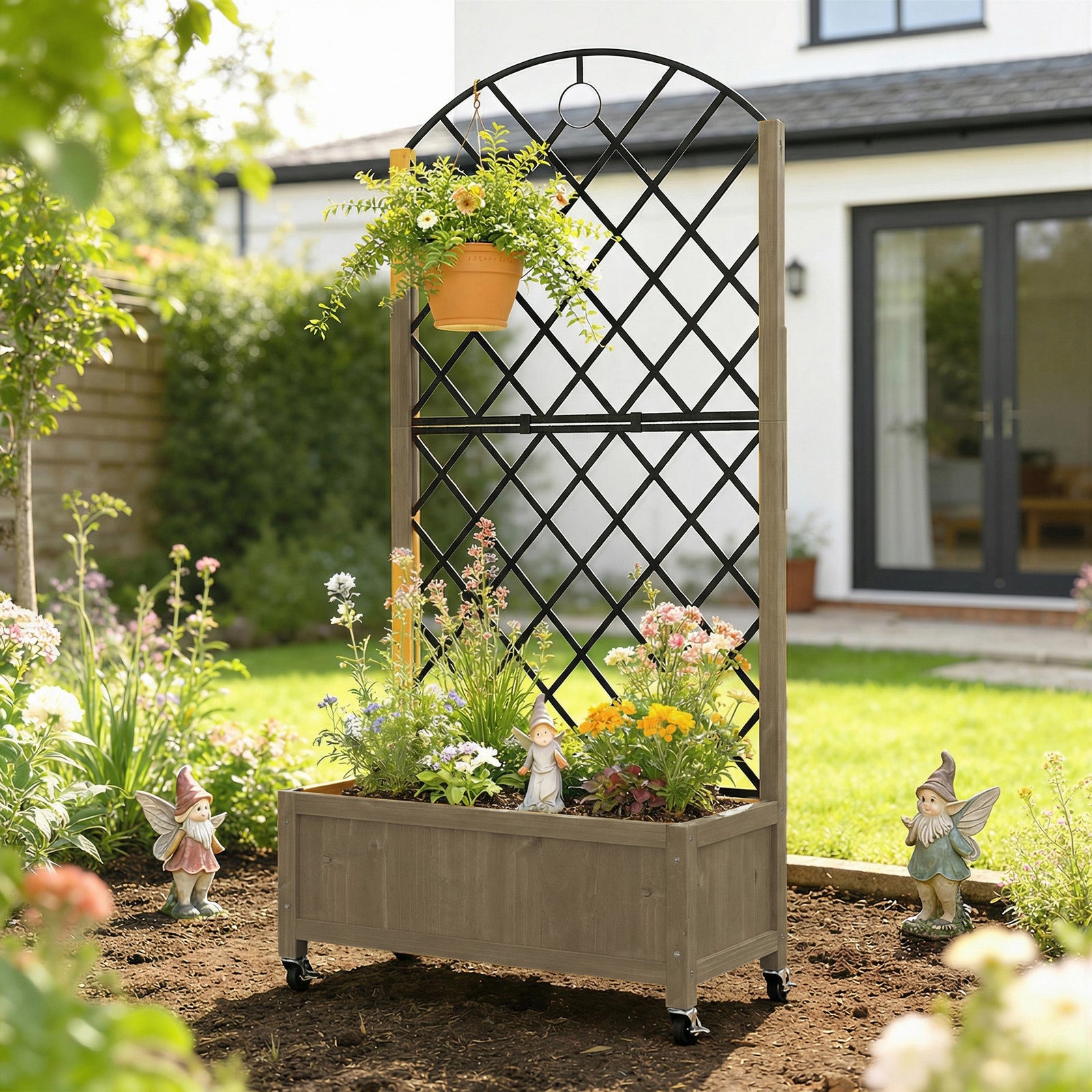 Garden Bed W/metal Trellis, Wooden Elevated Planter Box | Dark Brown