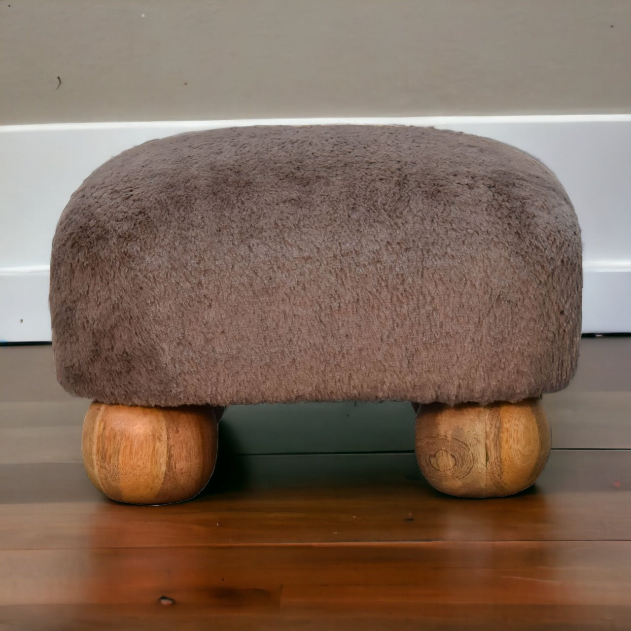 Solid Mango Wood Mocha Faux Fur Nordic Footstool