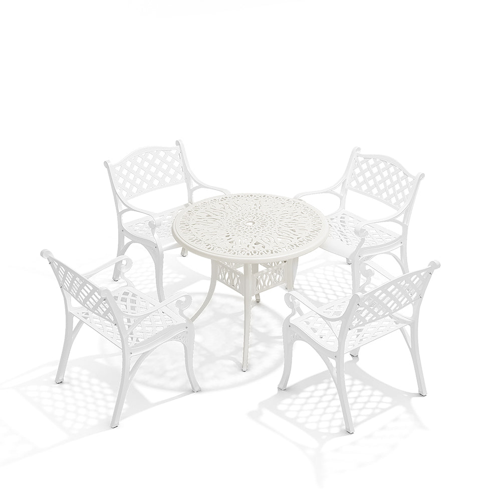Set Of 5 Retro Garden Bistro Set Cast Aluminium With Cushions | Set of 5 | White