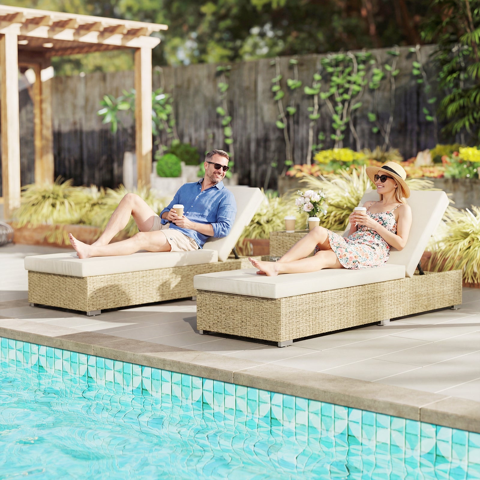Rattan Sun Loungers Set Of 2 With Side Table | Beige