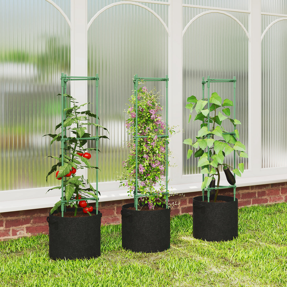 Outsunny 3 Packs Tomato Cages With 83.7l Grow Bags, 120cm Plant Stakes
