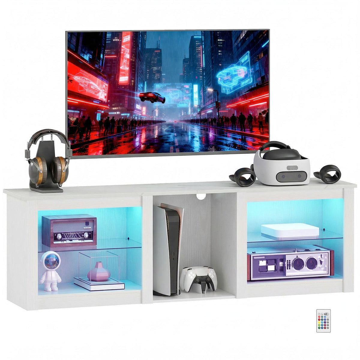 HOMCOM 160cm Tv Unit W/ Led Lights For 70" Tv Modern Tv Stand Cabinet Marble White