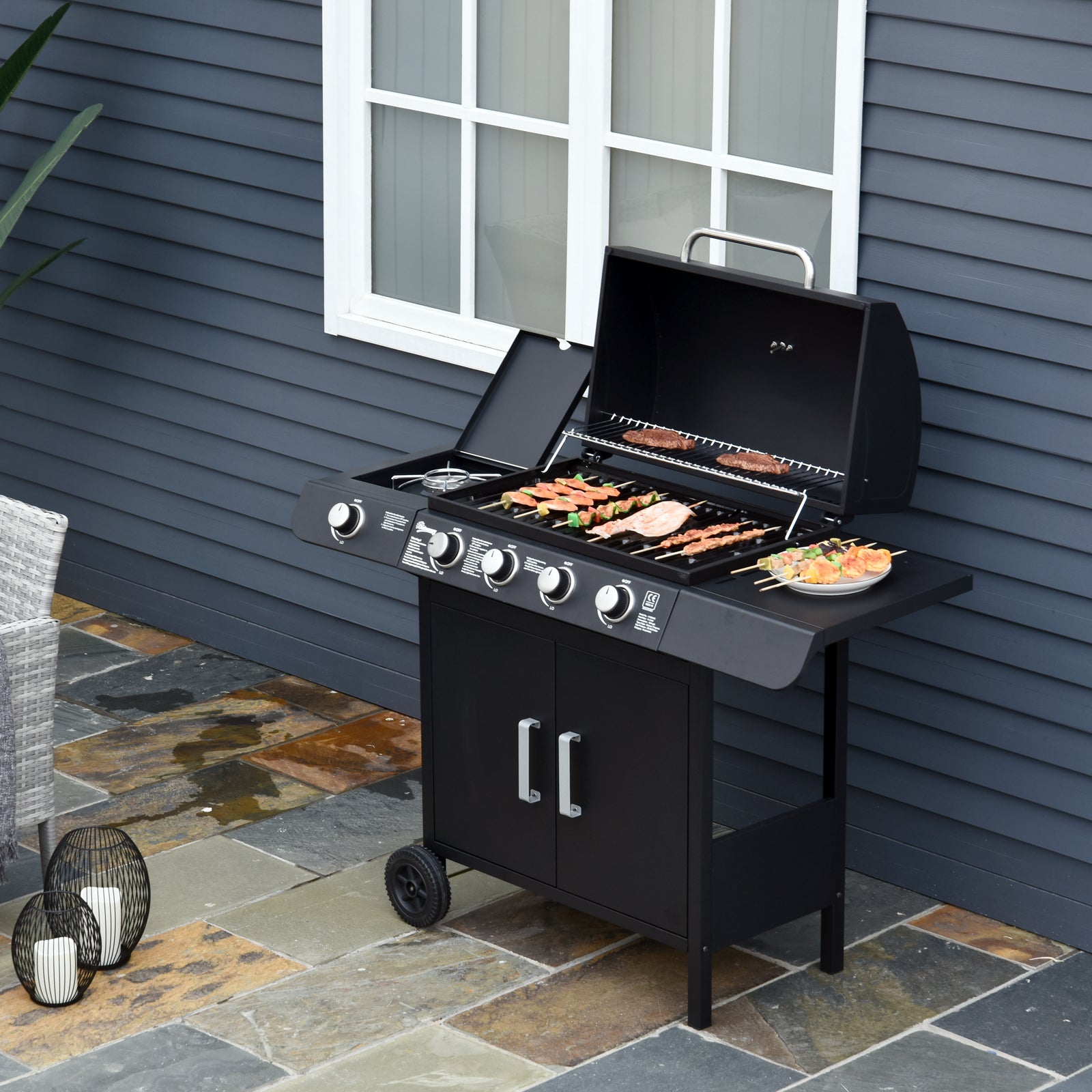 4+1 Gas Burner Grill, Bbq Trolley, Wheels | Black