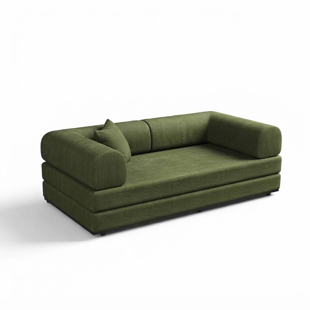Corduroy Sofa Bed With Sliding Frame | High-resilience Foam Convertible Sleeper Sofa | Small | Green