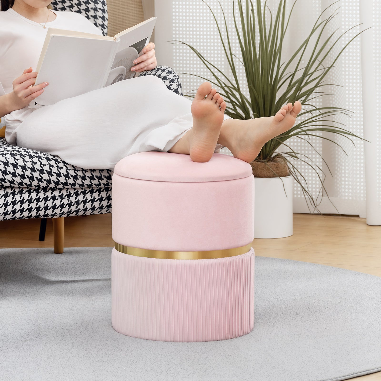 Round Pouffe Storage Footstool With Hidden Space | Pink