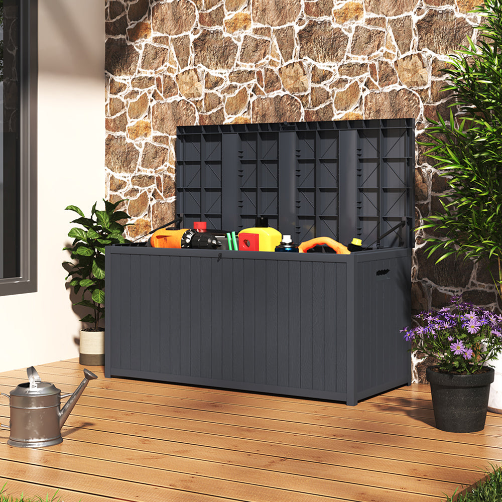 430L Large Garden Storage Box – Wooden Style Outdoor Storage Box, Waterproof, Durable & Easy to Assemble (No Wheels) | Grey