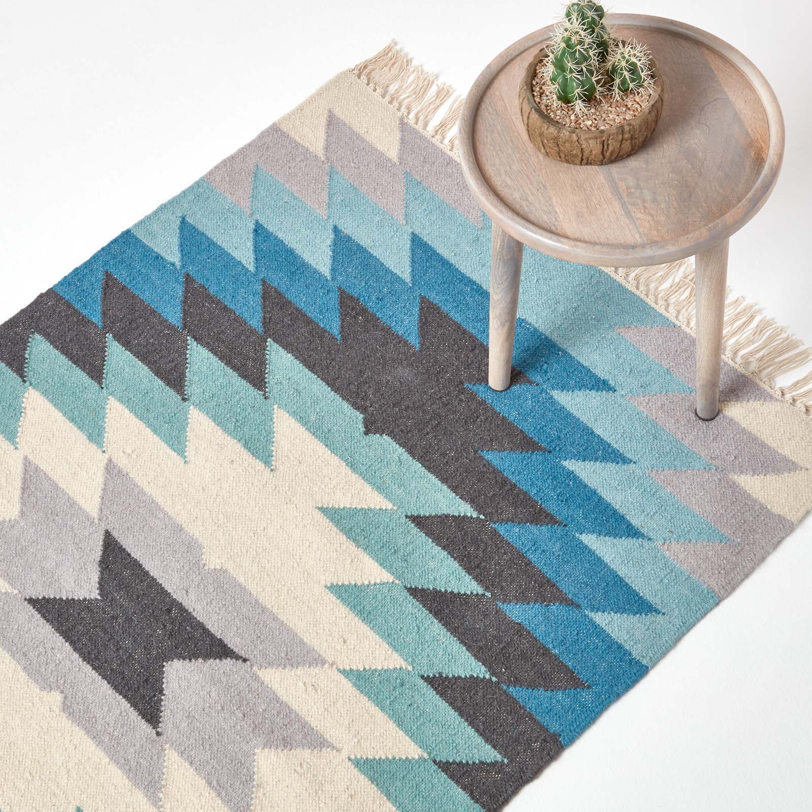 Helsinki Handwoven Geometric Blue Grey And Cream Kilim Wool Rug | 150cm x 95cm | Blue & Grey