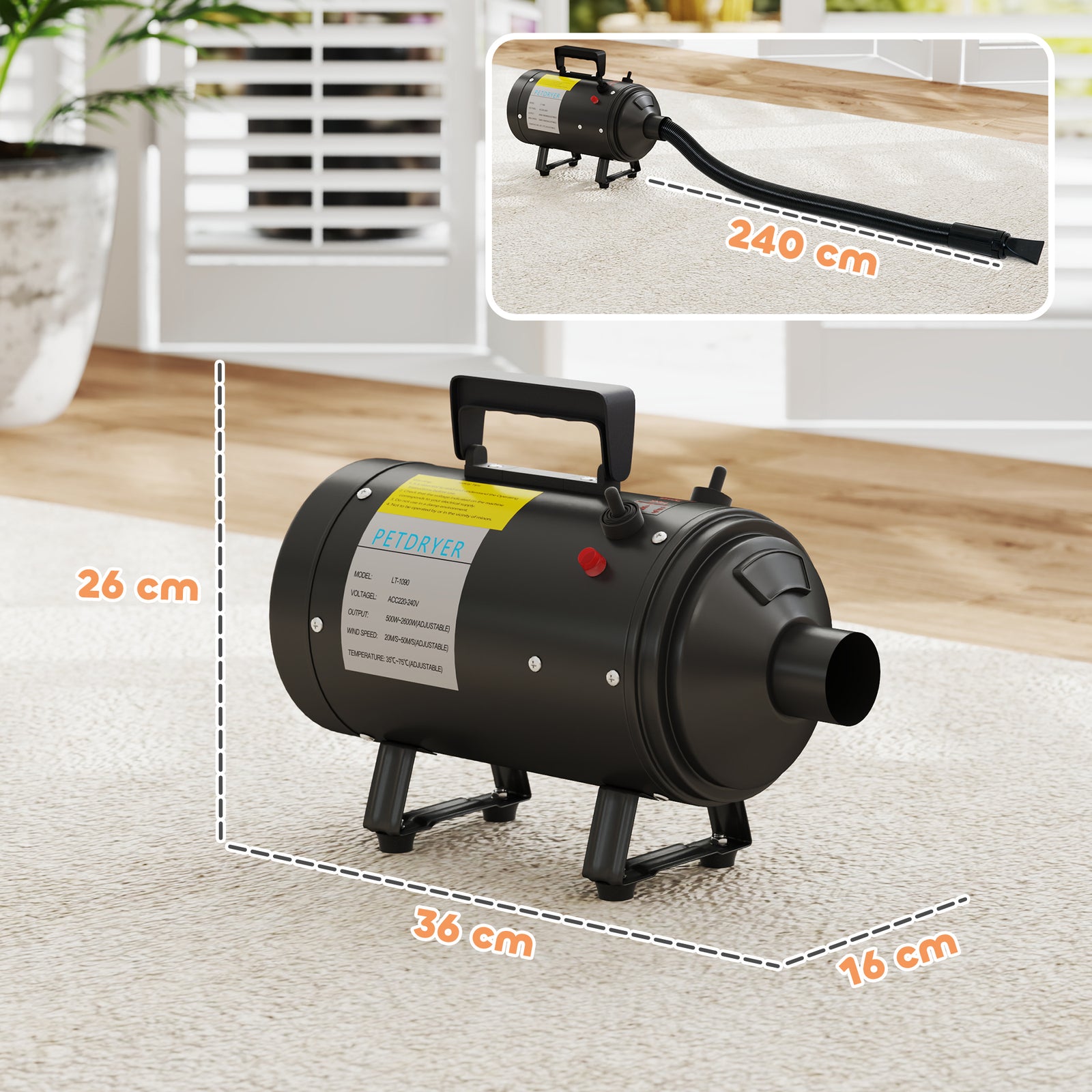 2200w Dog Hair Dryer, Pet Grooming Hair Dryer With 3 Different Nozzles | Black