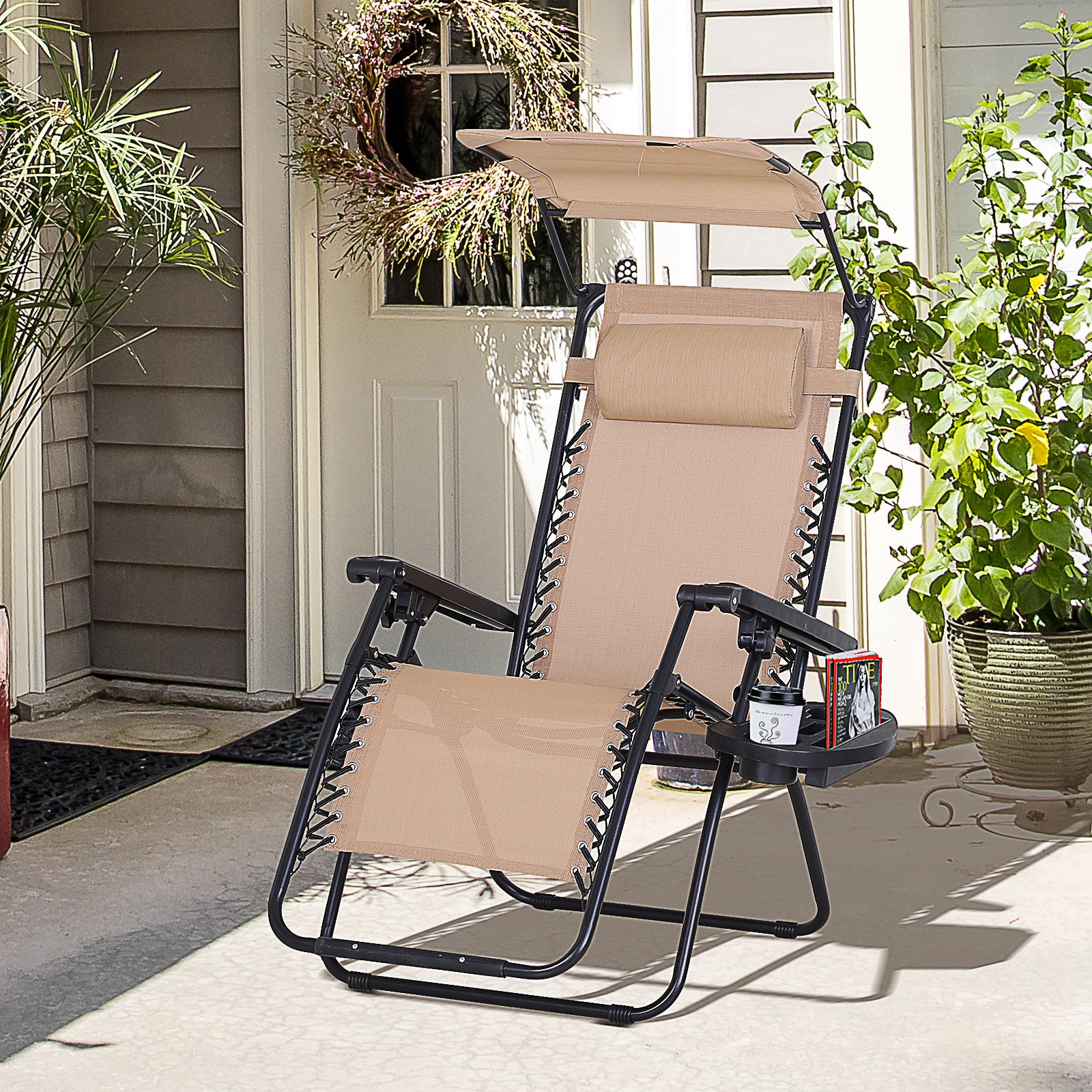 Zero Gravity Chair Adjustable Patio Lounge W/ Cup Holder | Beige