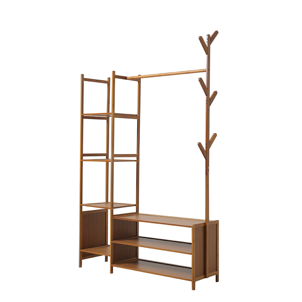Bamboo Freestanding Clothes Rack Garment Organizer With Storage Shelves For Closet Or Bedroom | Small | Brown