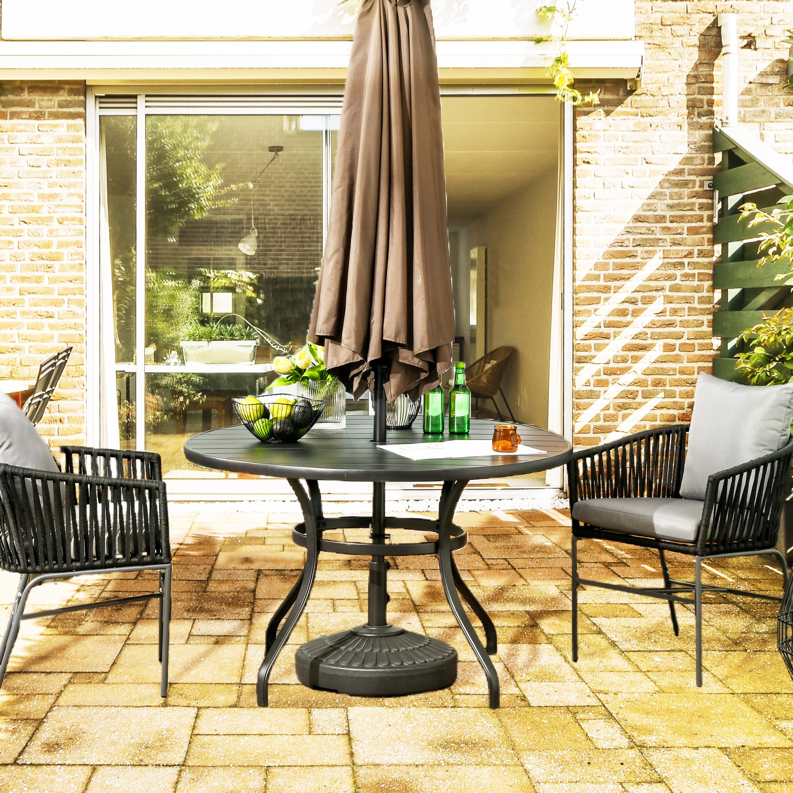 Garden Table W/ Parasol Hole, Round Slatted Metal Top, Black