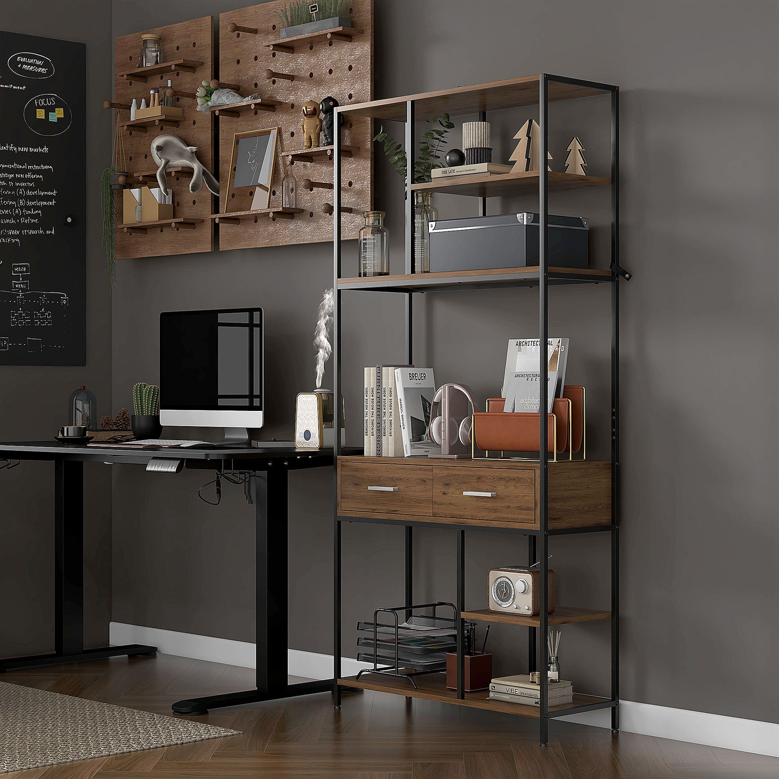 5 Tier Free Standing Book Shelf With 2 Drawers For Study