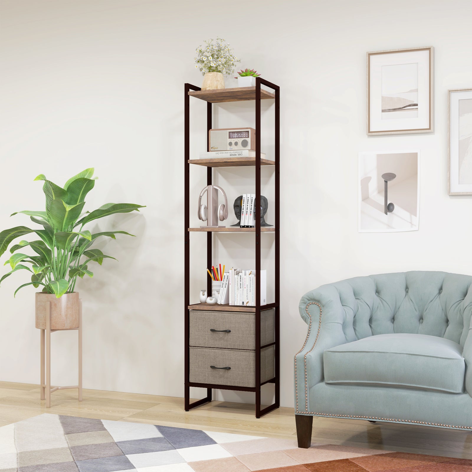 4-tier Bookshelf Bookcase With 2 Fabric Drawers