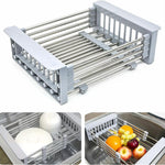 Stainless Steel Retractable Kitchen Sink Rinse Basket Shelf, Grey