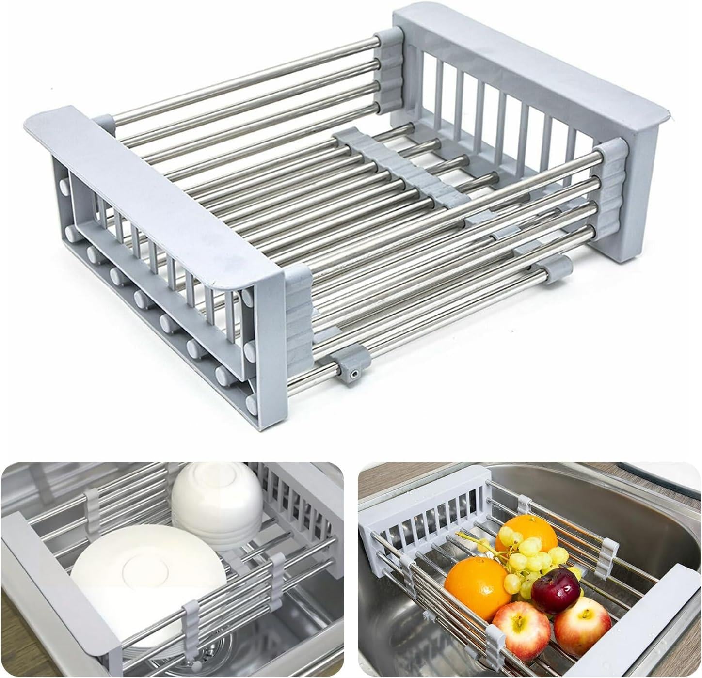 Stainless Steel Retractable Kitchen Sink Rinse Basket Shelf, Grey