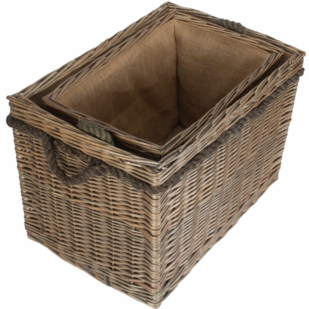Wicker Rectangular Rope Handled Log Basket | Set of 2 | Brown