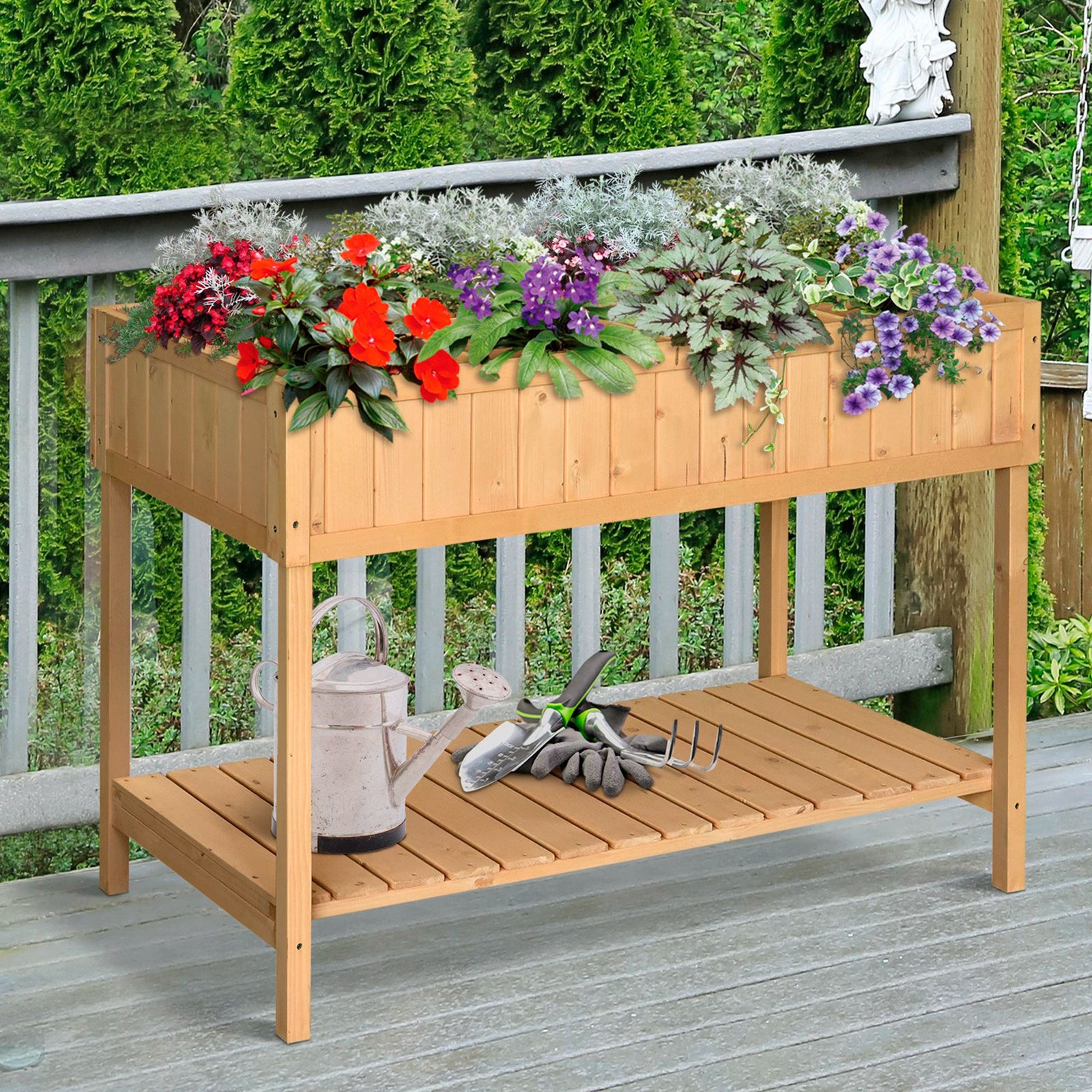 Elevated Wooden Garden Planter Stand With Shelf | Yellow
