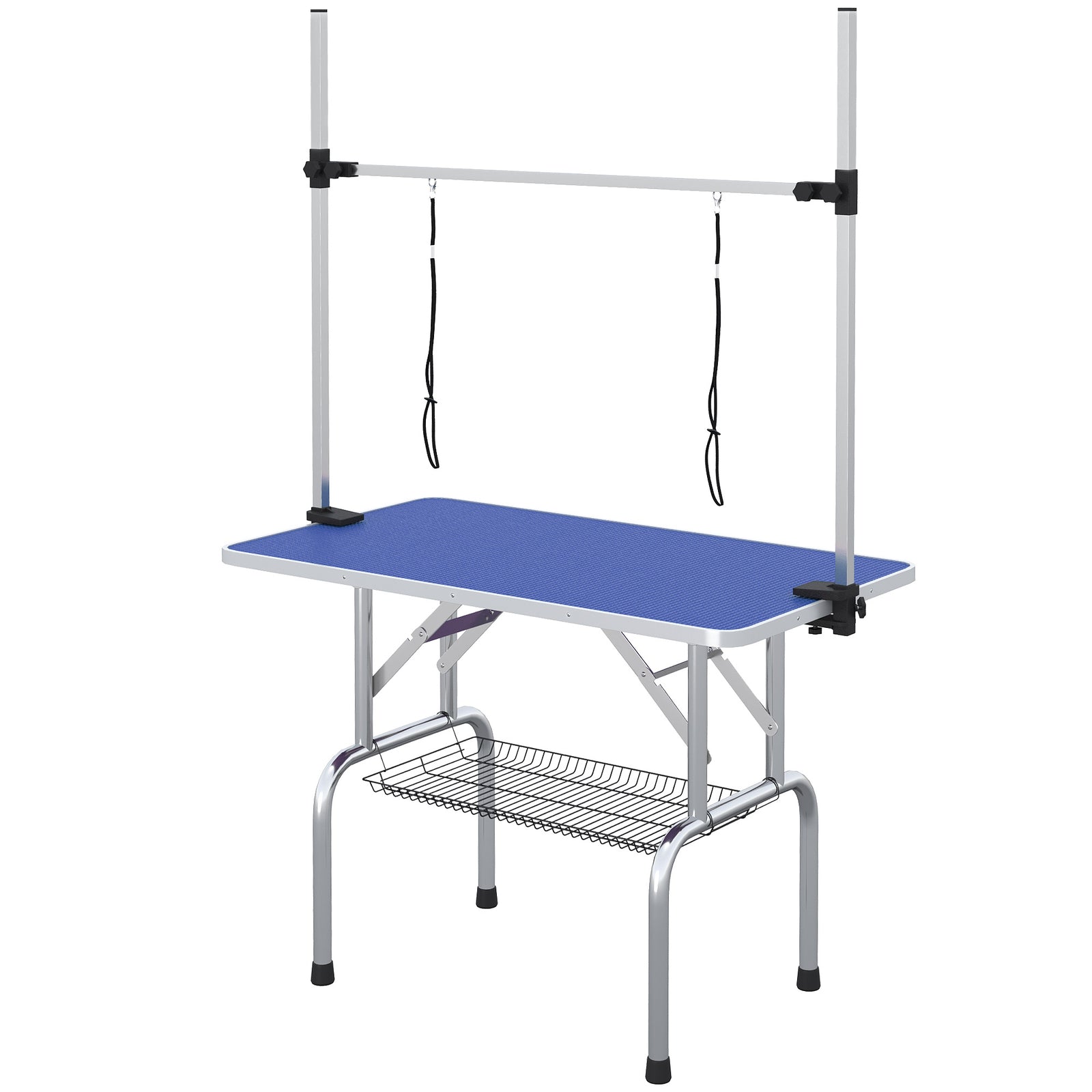 Metal Adjustable Dog Grooming Table Rubber Top 2 Safety Slings Mesh | Blue