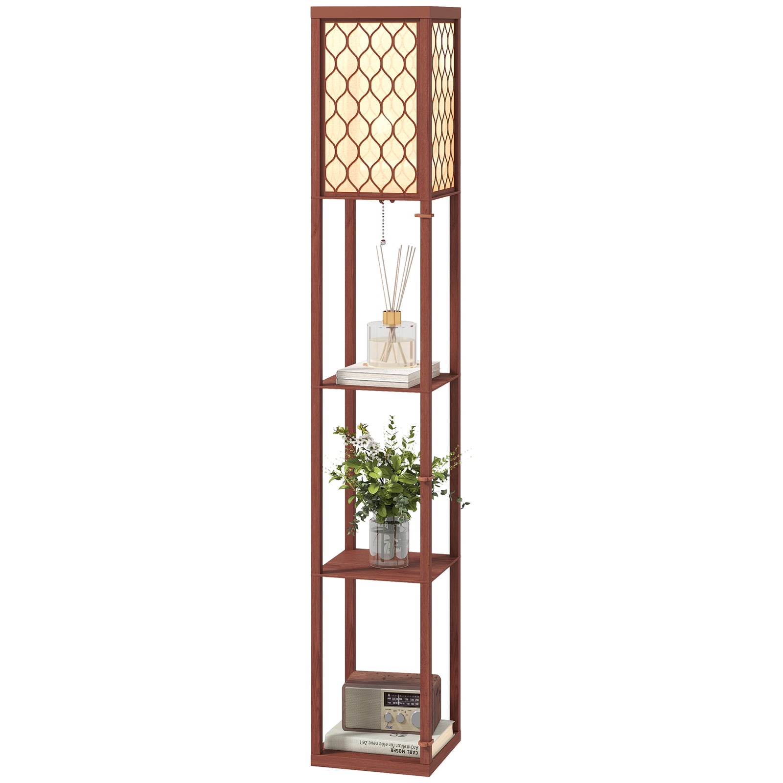 Modern Floor Lamp Light With 3 Shelves Fabric Lampshade | Brown