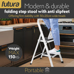 2 Step Ladder, Heavy-duty Steel Folding Home Diy Step Stool With Wide Non-slip Steps & Anti Slip Feet 150kg Capacity | 2 Step | White