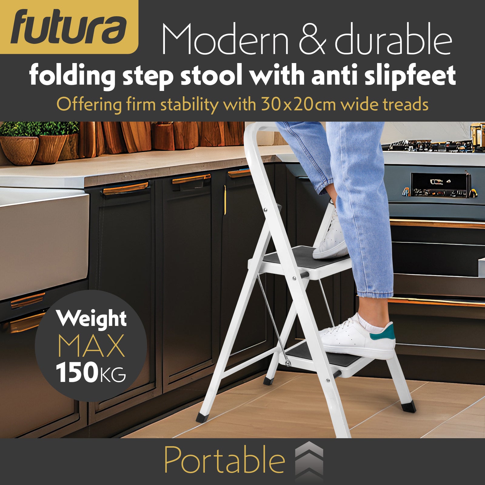 2 Step Ladder, Heavy-duty Steel Folding Home Diy Step Stool With Wide Non-slip Steps & Anti Slip Feet 150kg Capacity | 2 Step | White