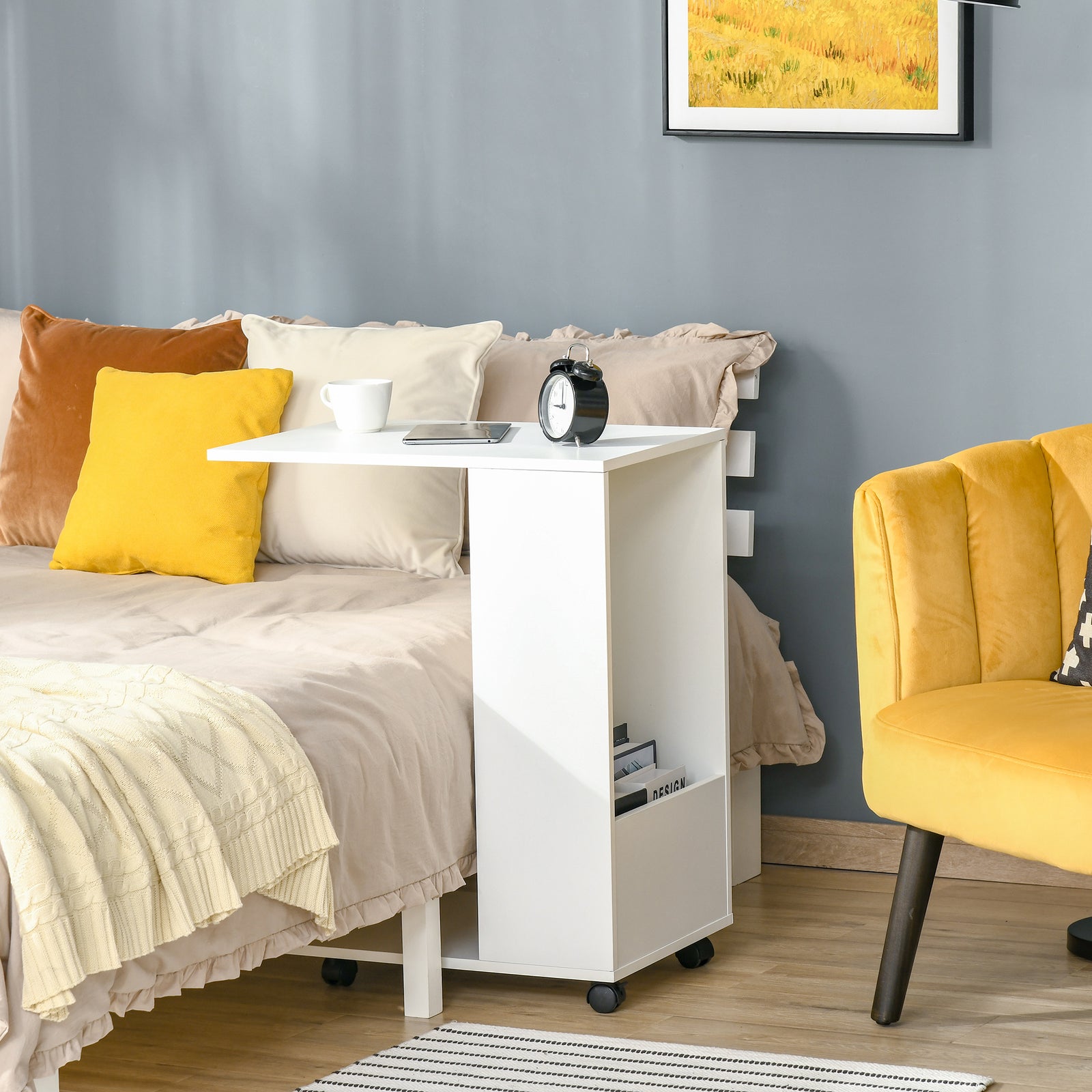 Mobile Sofa Side Table For Laptop Coffee W/ Storage | White