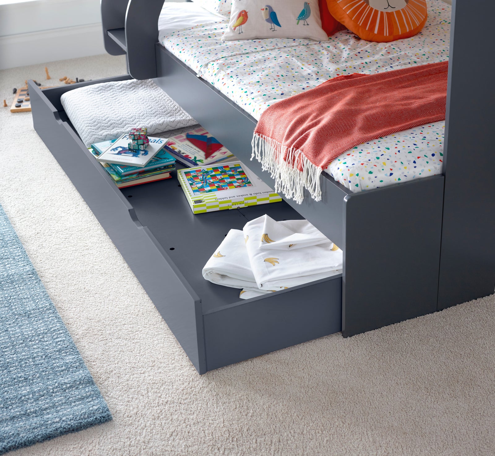 Oliver Triple Sleeper Storage Bunk Bed With Drawer With Memory Foam Mattresses | Small Double | Grey