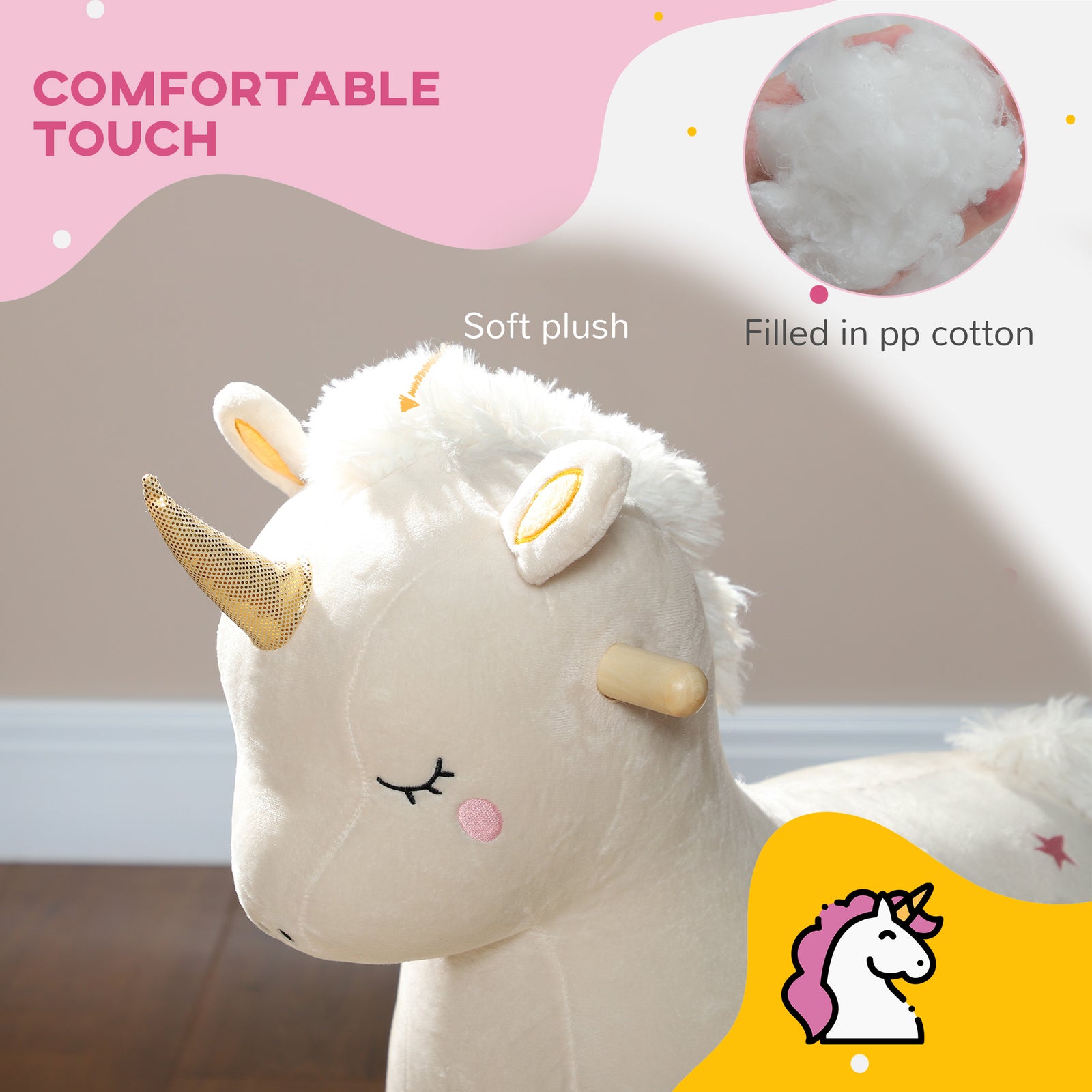 Rocking Horse With Unicorn Design, Sound, For 2-4 Years Old, White