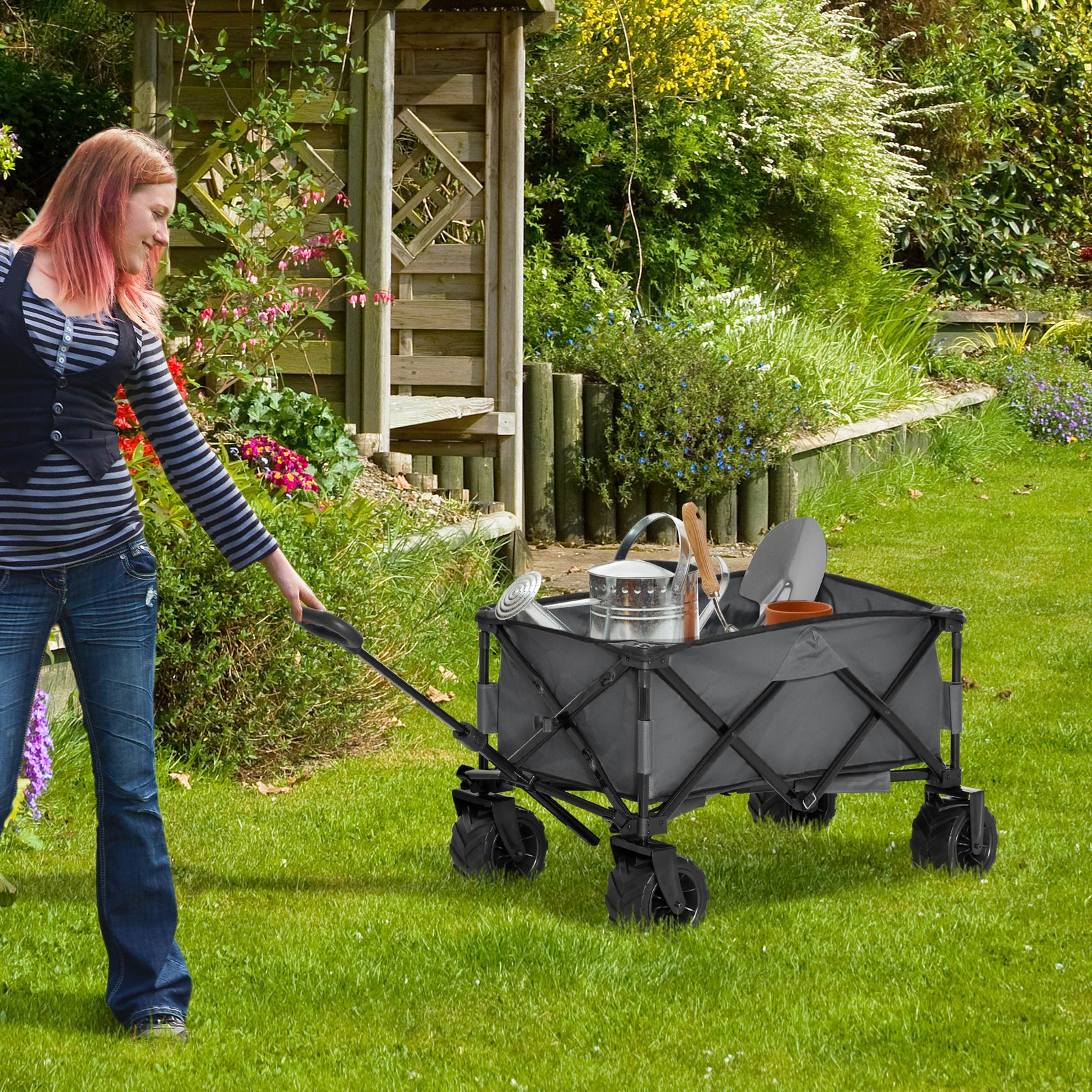 Outdoor Pull Along Folding Garden Trolley For Beach Camping | Dark Gray