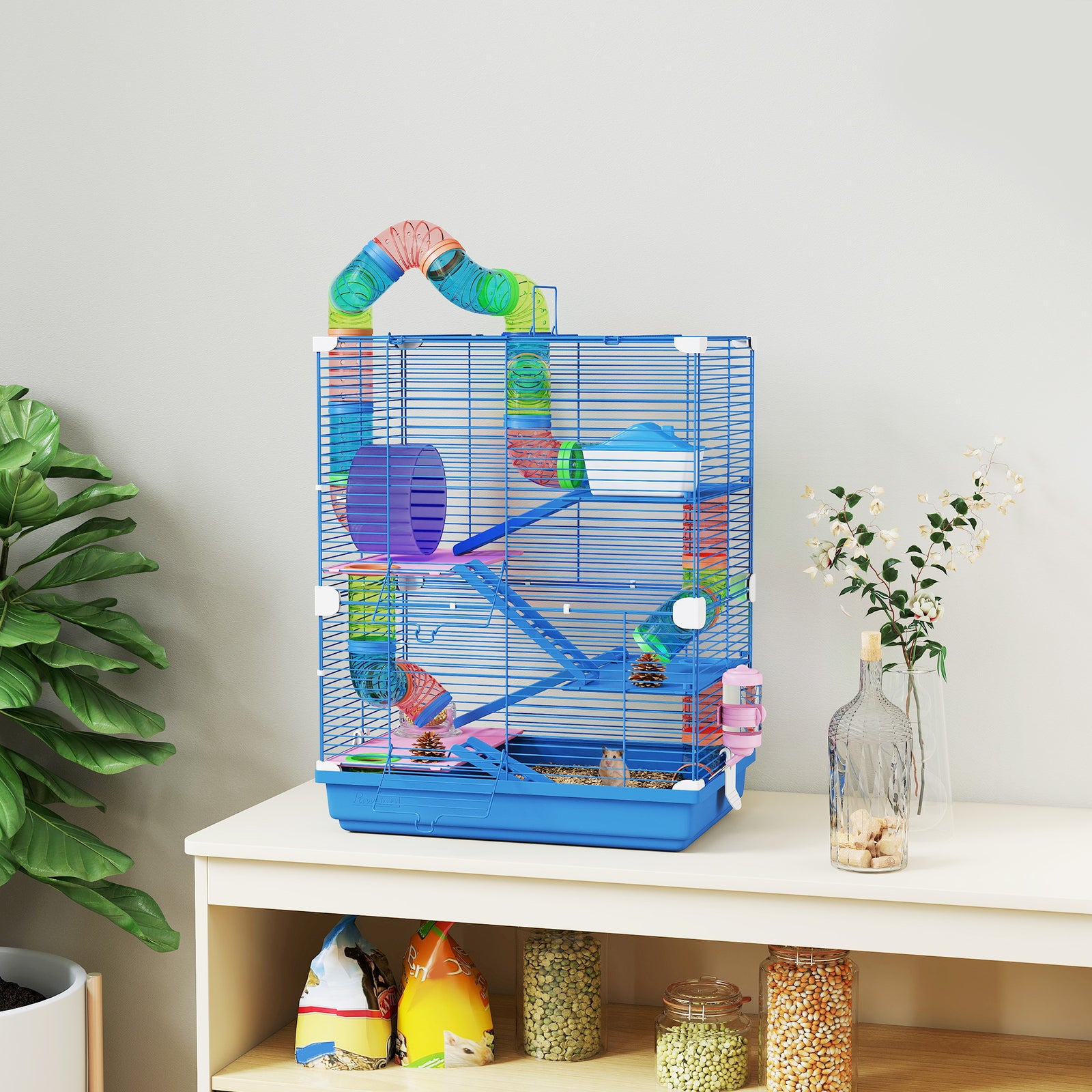 5 Tier Hamster Cage Carrier Habitat W/ Exercise Wheels, Blue