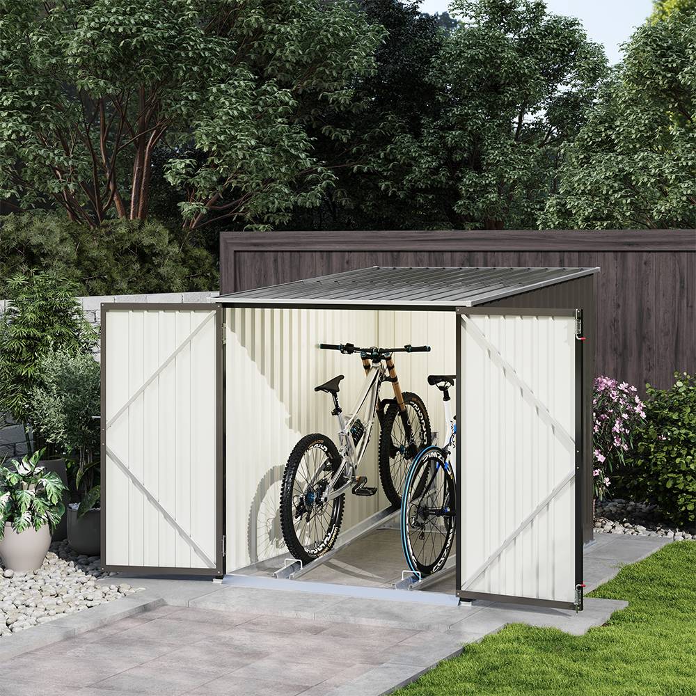 Outdoor Storage Shed Lockable Metal Tool House With Double Doors Fits 2/4 Bikes | Small | Grey