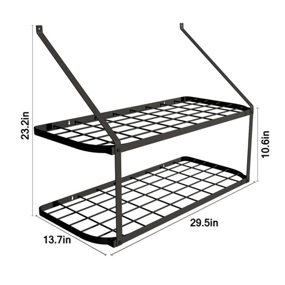 Wall-mounted 2 Tiers Pan Rack Pot Holders Storage With 10 Hooks Black