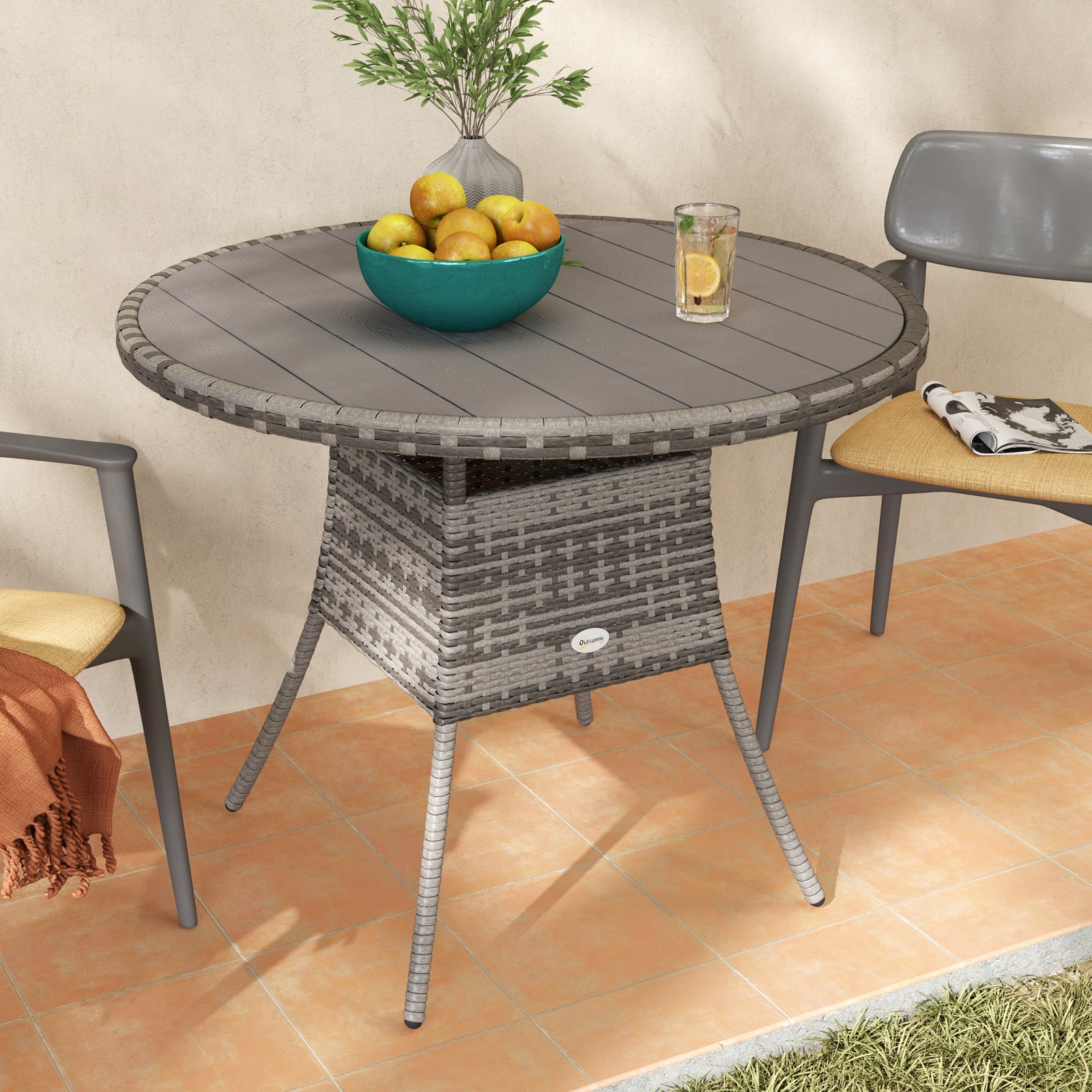 Outdoor Pe Rattan Dining Table W/ Wood-plastic Composite Top