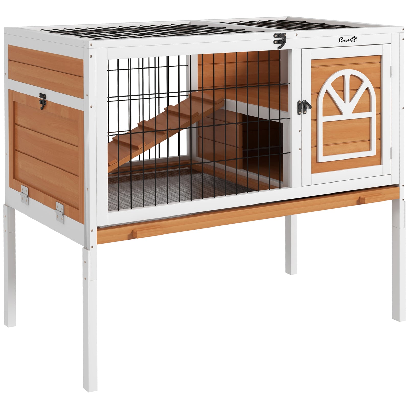 Wooden Rabbit Hutch, Small Animal House W/ Removable Tray, Openable Roof | Yellow