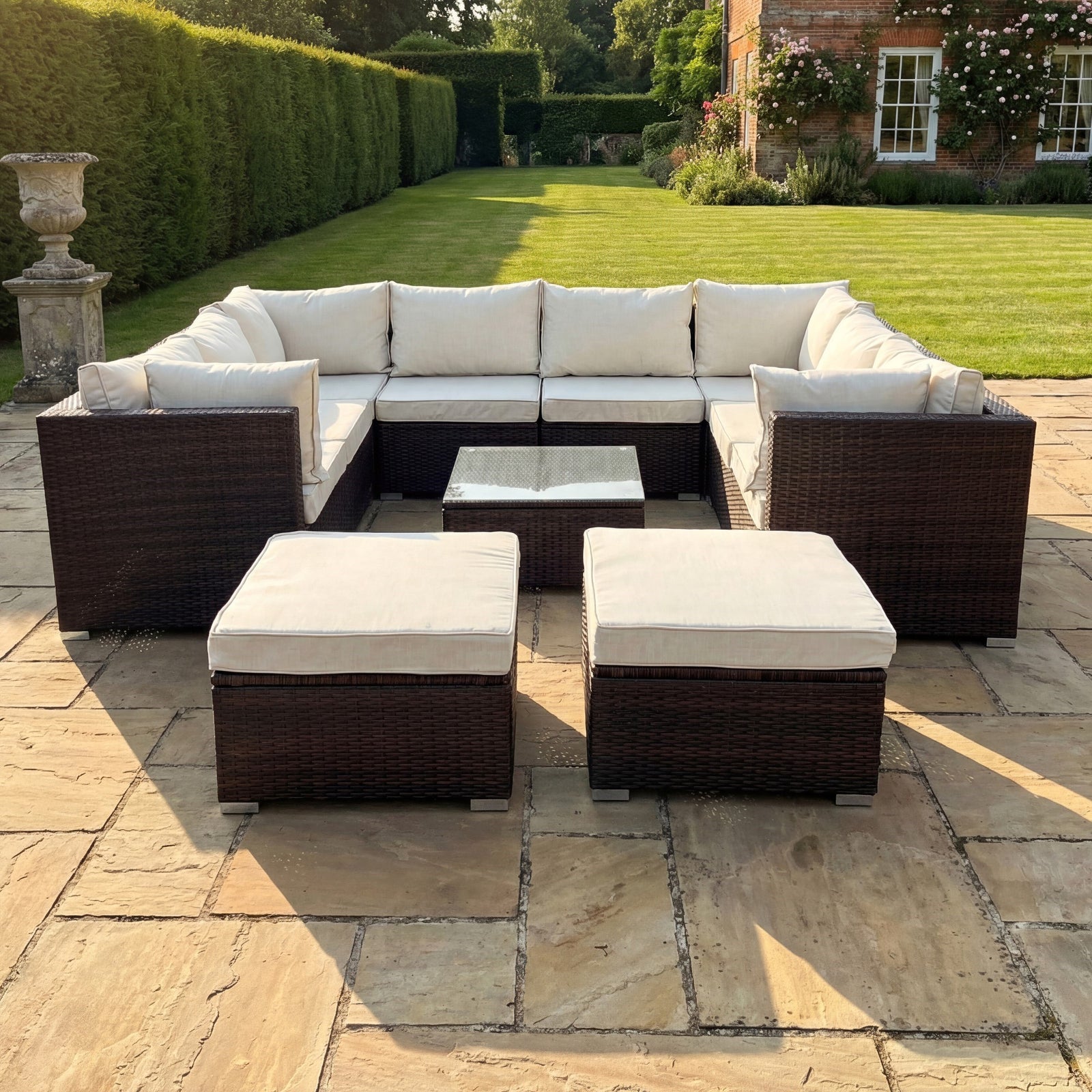 Oliena 10 Seat Modular Rattan Small U-shape Garden Furniture | Cream & Brown