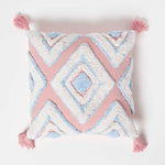 Geometric Ikat Tufted Cotton Cushion With Tassels | 45cm x 45cm | Blue & White