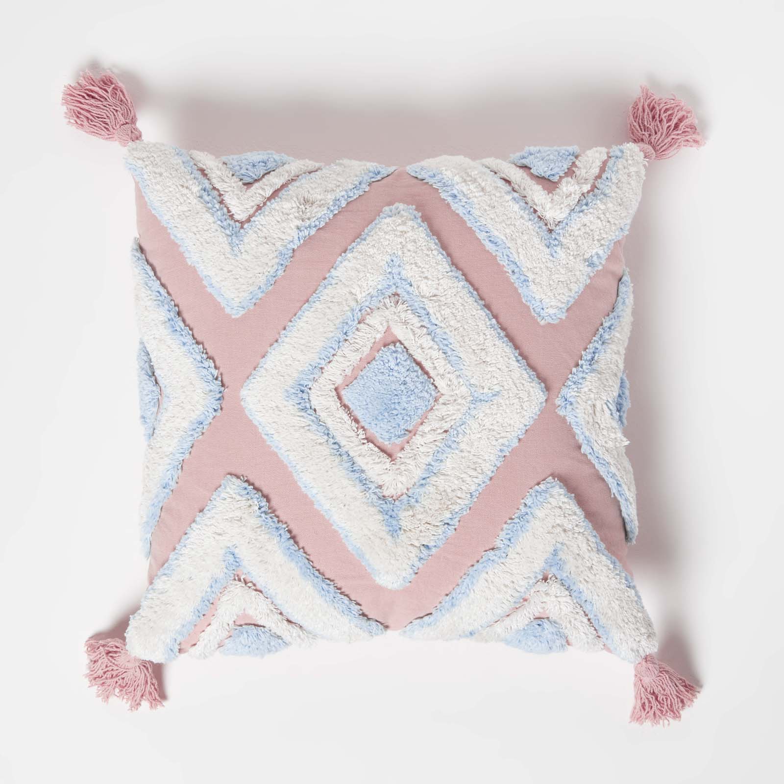 Geometric Ikat Tufted Cotton Cushion With Tassels | 45cm x 45cm | Blue & White