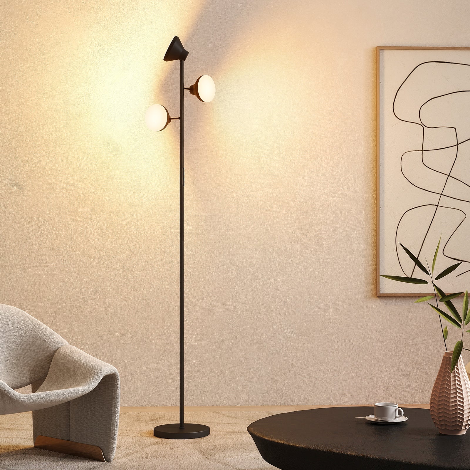 HOMCOM Rgb Floor Lamp With 3 Rotatable Head, Modern Standing Lamp, Black