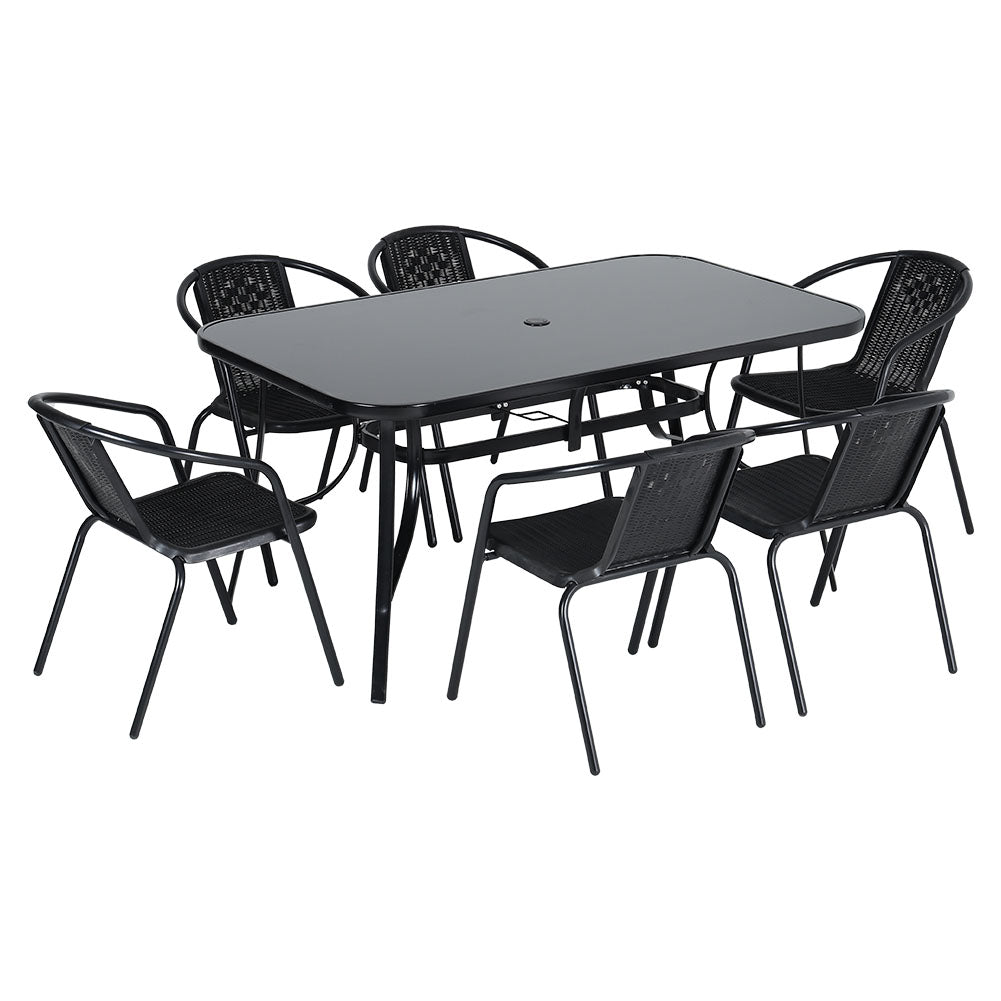7 Pieces  Garden Dining Set Outdoor Tempered Glass Garden Table With Six Rattan Chairs | Large | Black