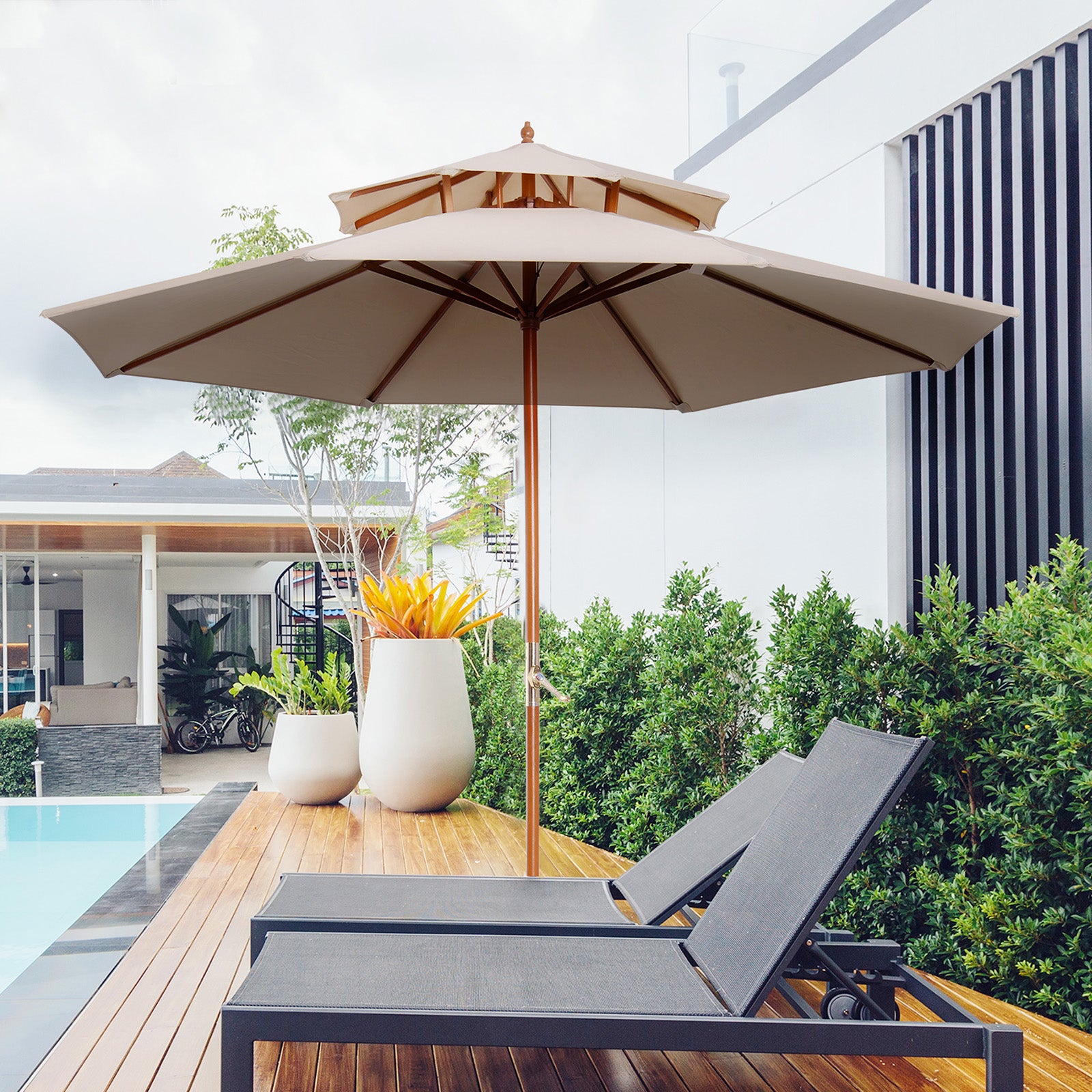 2.7m Double Tier Patio Umbrella Sunshade Parasol | Beige