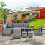 Sofa Sectional W/ Cushioned Seat, Footstools And Glass Table | Gray