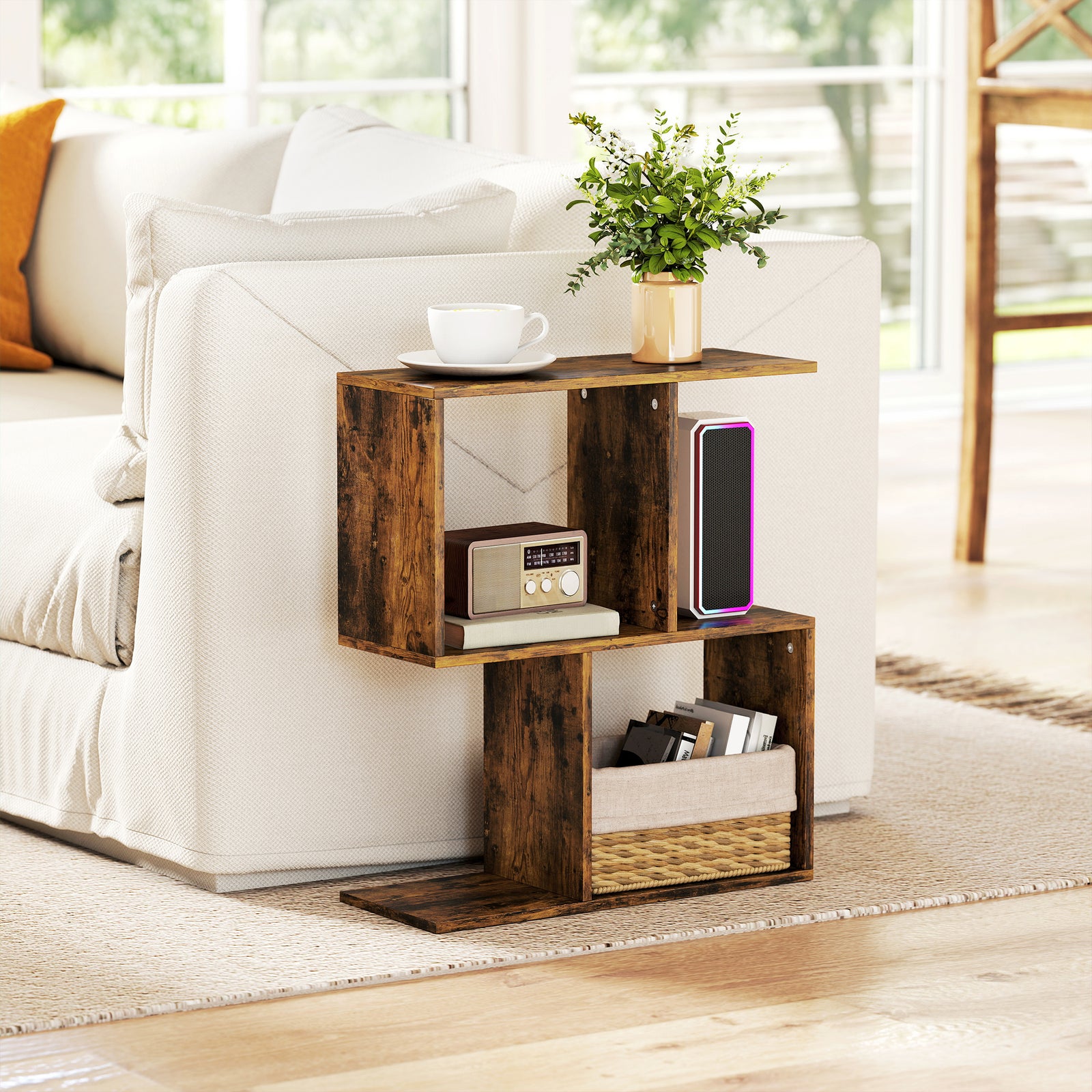 Side Table, Narrow End Table With Storage Shelves | Rustic Brown