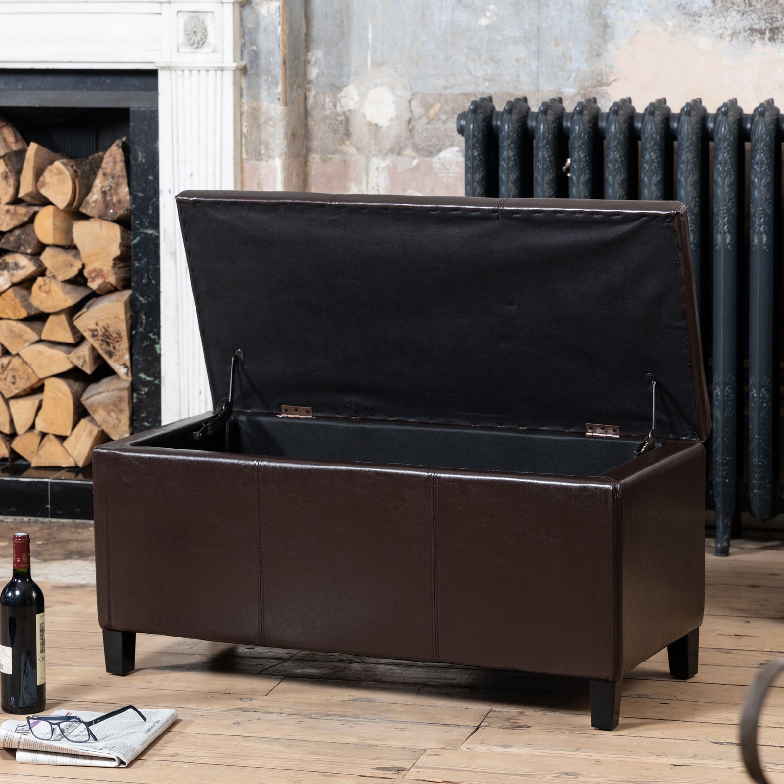 Davenport Bonded Leather Storage Ottoman | Brown
