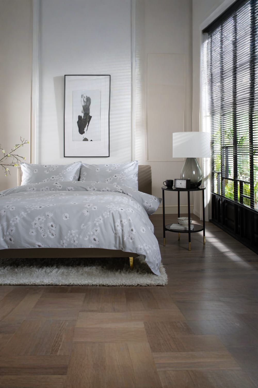 Petite Fleure 100% Cotton Duvet Cover Set – Floral Blossom Print Bedding With Piped Edges | King | Grey
